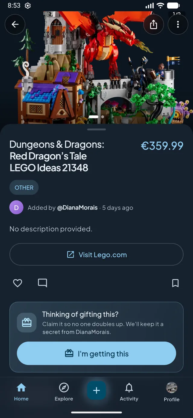A Caelo wishlist item, with a quiet way to mark it as claimed